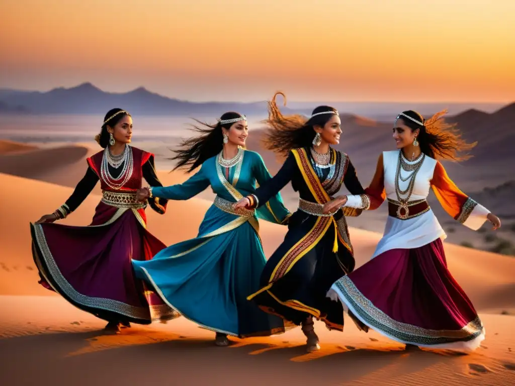 Un grupo de bailarinas en trajes tradicionales del Medio Oriente, realizando una danza tribal en el desierto al atardecer