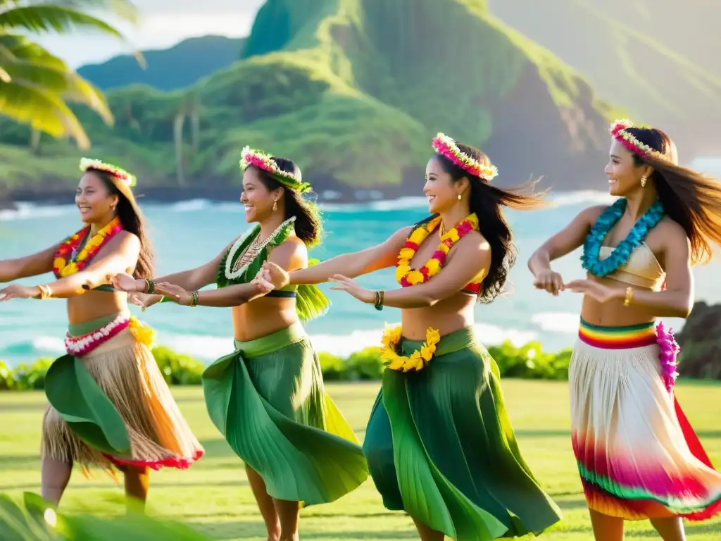 Un grupo de bailarinas hula con trajes tradicionales bailando graciosamente en un paisaje exuberante con el océano de fondo, capturando la esencia de la evolución de la danza hula en Hawai