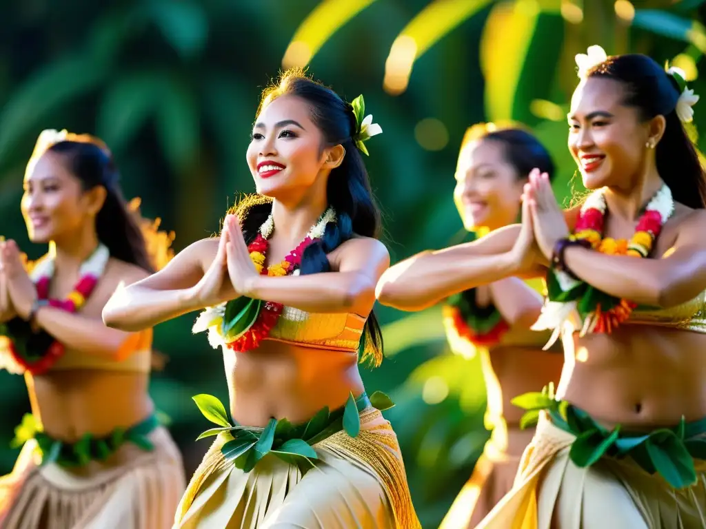 Grupo de bailarinas de hula en trajes vibrantes en el Festival Merrie Monarch