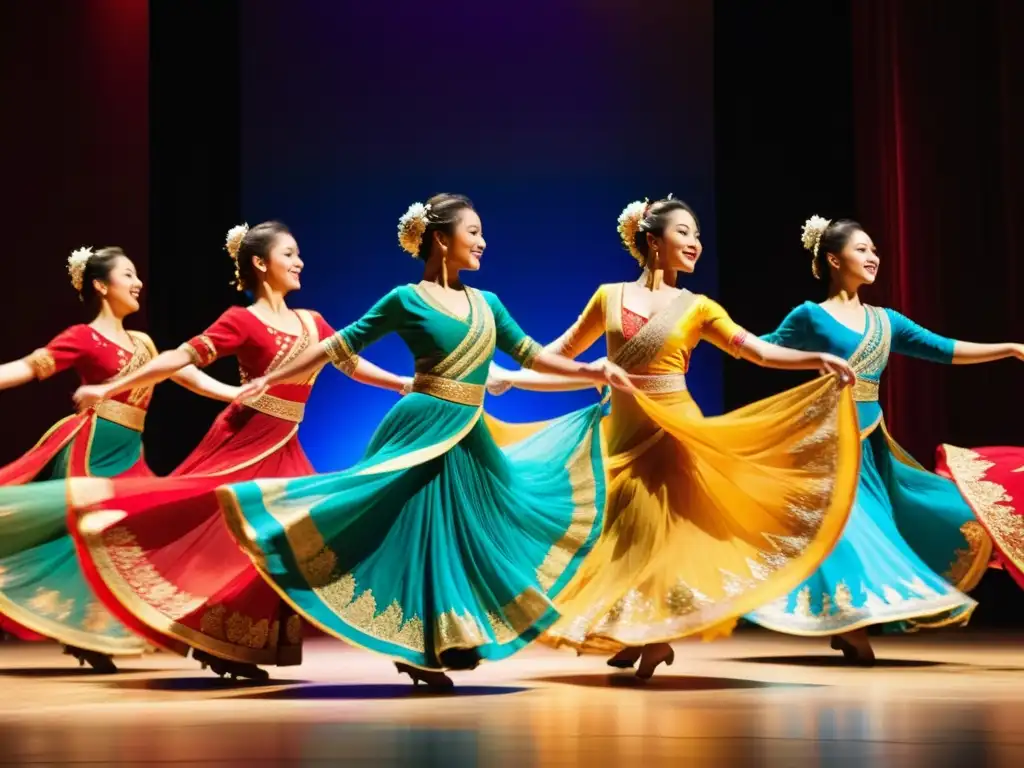 Un grupo de bailarinas en trajes vibrantes y fluidos ejecutan con gracia una danza oriental