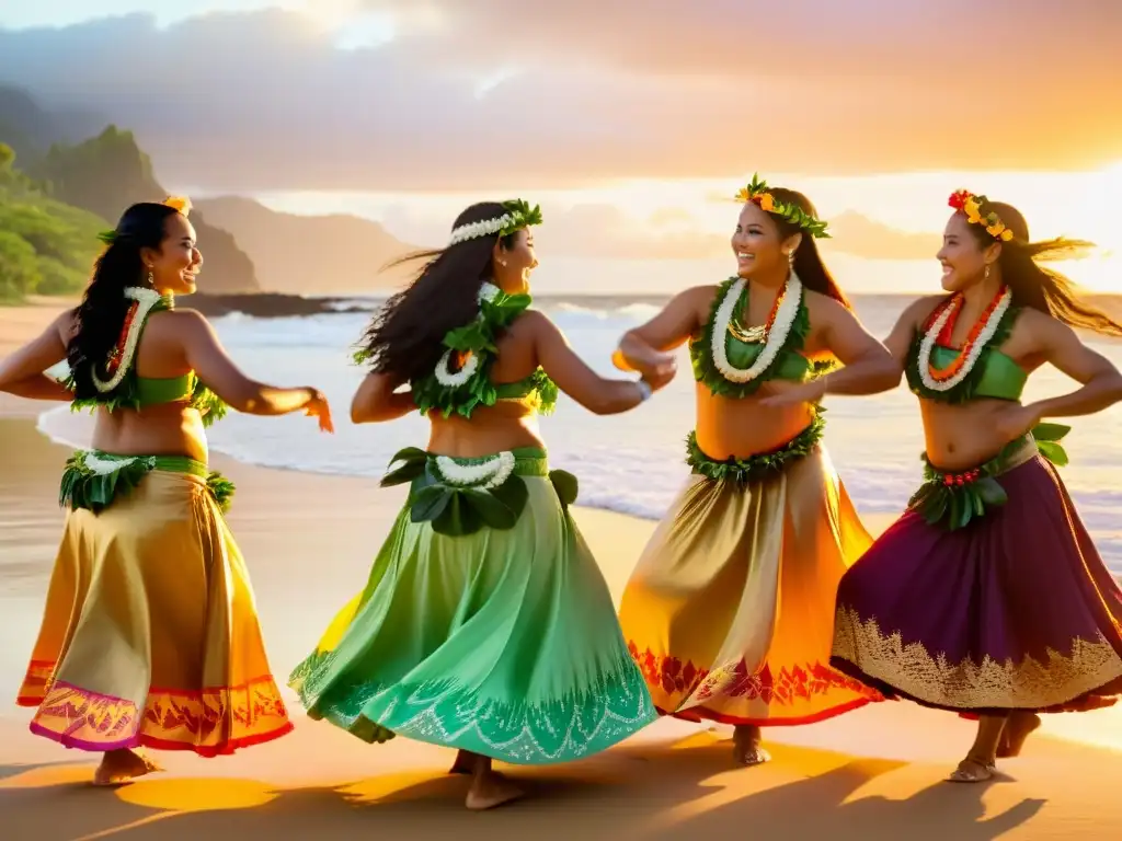 Un grupo de bailarinas de hula vestidas con trajes tradicionales polinesios bailando en círculo en una playa al atardecer, con olas suaves en el fondo