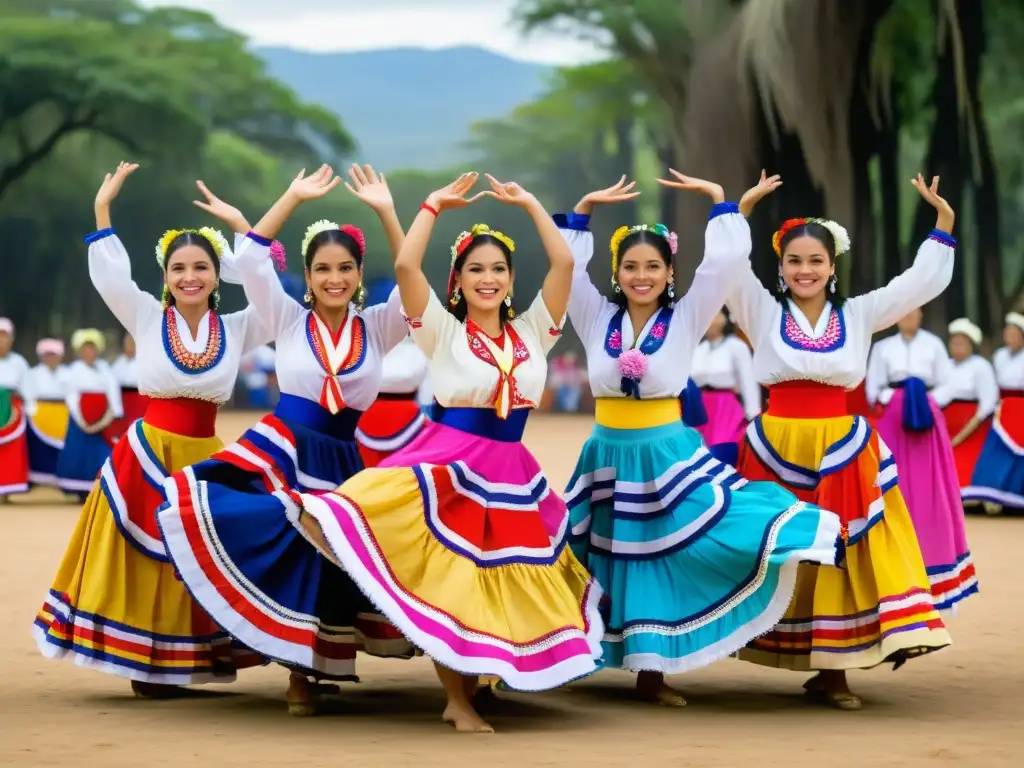 Un grupo de bailarinas con vestimenta tradicional de Paraguay realizando la danza Arpa, en un ambiente rural