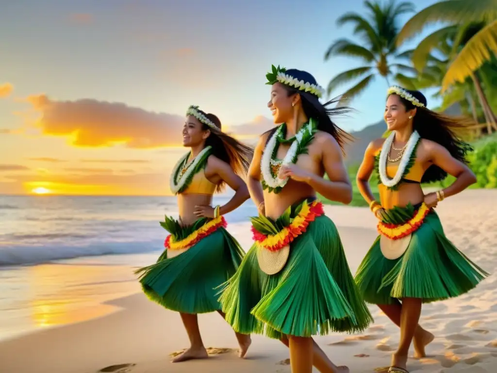 Un grupo de bailarinas de hula dan vida a la tradición hawaiana en una playa al atardecer