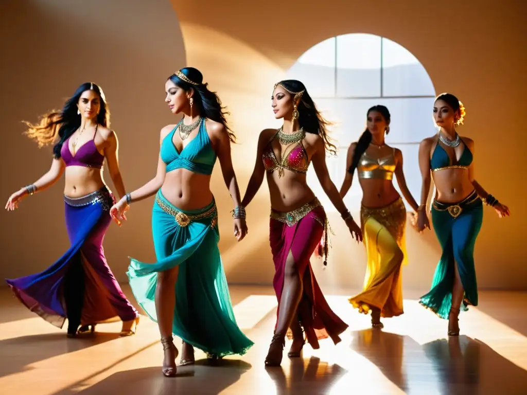 Grupo de bailarinas del vientre practicando coreografía en estudio soleado, con trajes vibrantes y movimientos gráciles