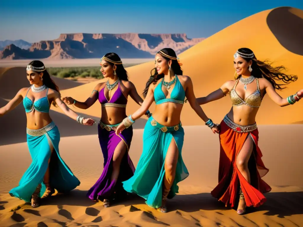 Un grupo de bailarinas del vientre tribal con trajes vibrantes y movimientos fluidos, danzando en un oasis del desierto