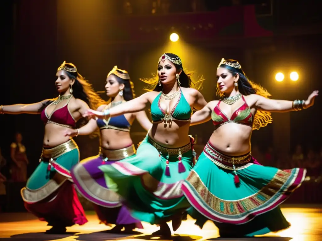 Un grupo de bailarinas del vientre tribal ejecutando movimientos sincronizados con pasión en un teatro decorado