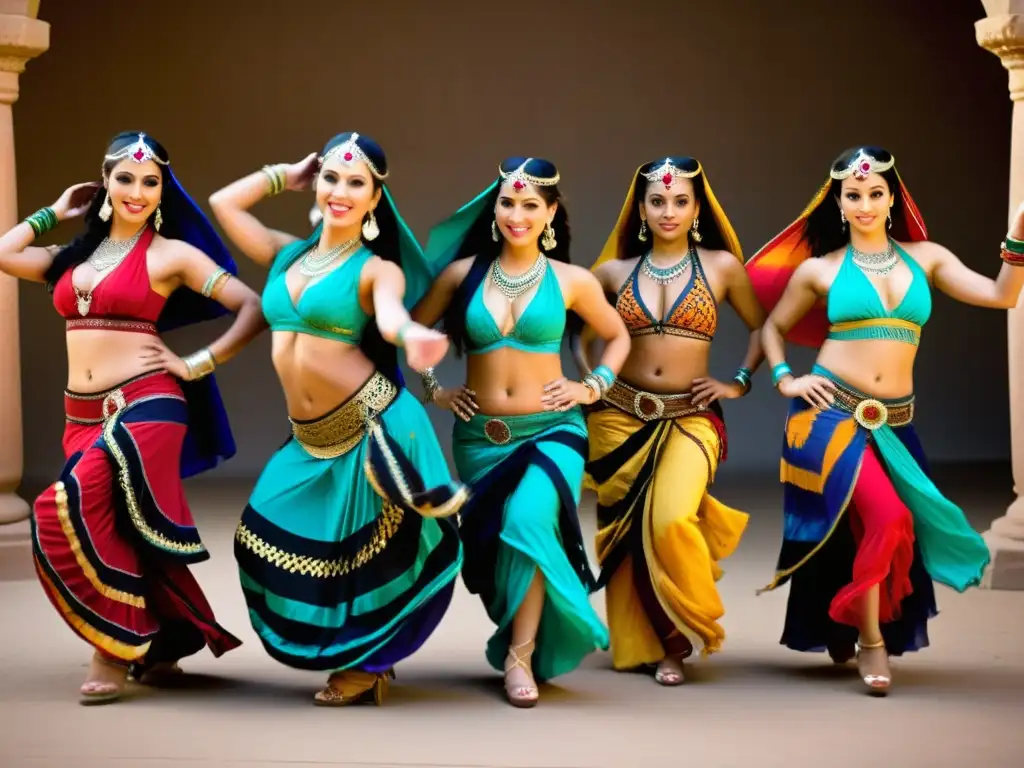 Danzarinas tribales en vibrante sincronía con tambores en vivo Un grupo de bailarinas del vientre tribal en trajes vibrantes y patrones intricados, moviéndose en perfecta sincronía al ritmo de tambores en vivo