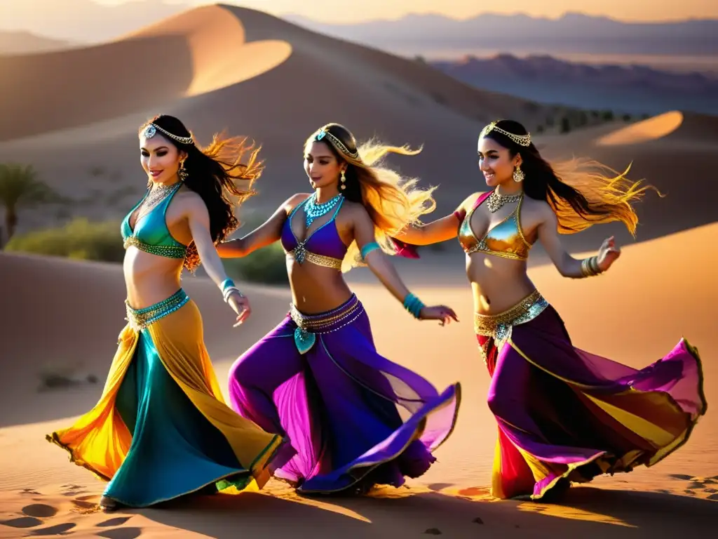 Un grupo de bailarinas del vientre en vibrantes trajes, danzando al atardecer en el desierto