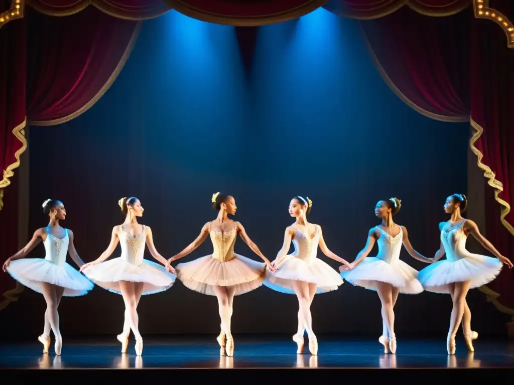 Grupo de bailarinas en tutús y zapatillas de puntas realizan una secuencia clásica en un escenario, evocando la historia del ballet clásico moderno