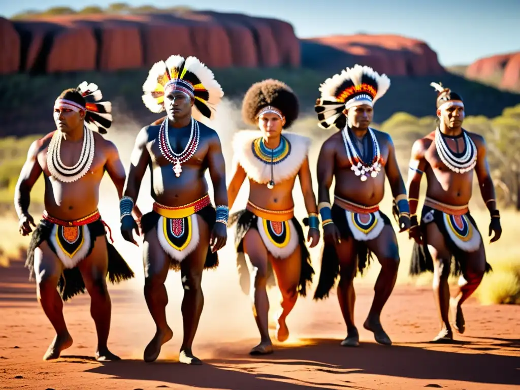 Grupo de bailarines aborígenes australianos en danza ritual, con trajes tradicionales y diseños pintados