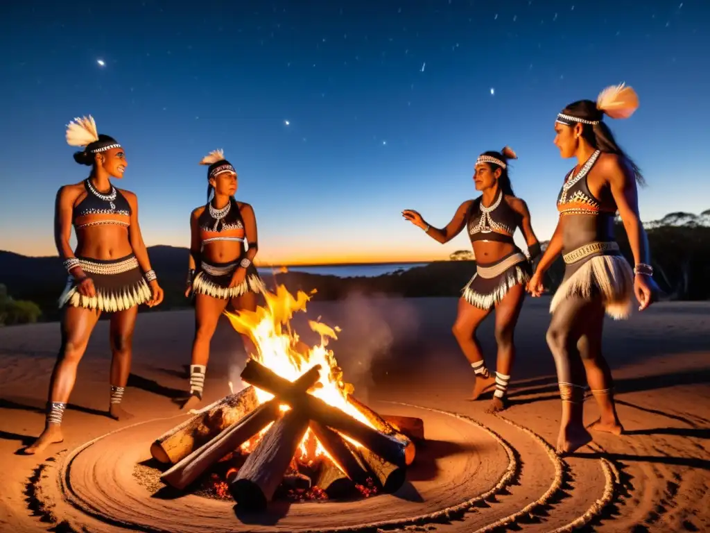 Grupo de bailarines aborígenes australianos ejecutando danzas ceremoniales alrededor de una fogata bajo el cielo nocturno, expresando el significado cultural de danzas aborígenes australianas