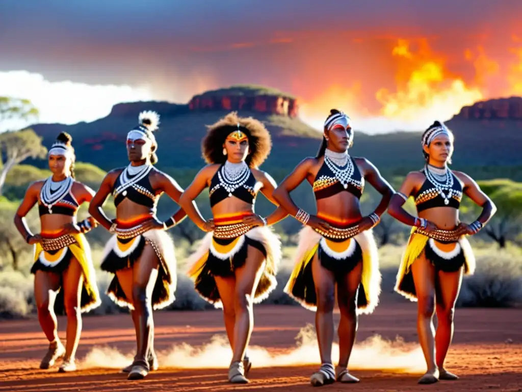 Grupo de bailarines aborígenes australianos realizando danza tradicional en el outback, mostrando la importancia de la danza aborigen australiana