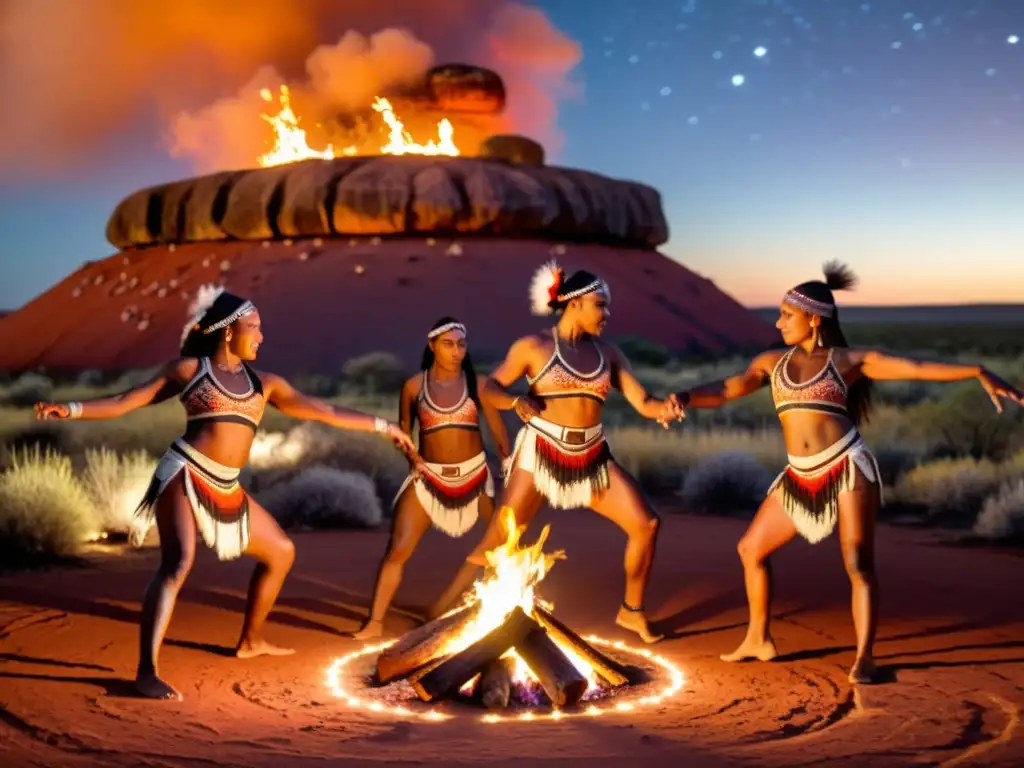 Grupo de bailarines aborígenes realizando danza ceremonial alrededor del fuego en el Outback australiano