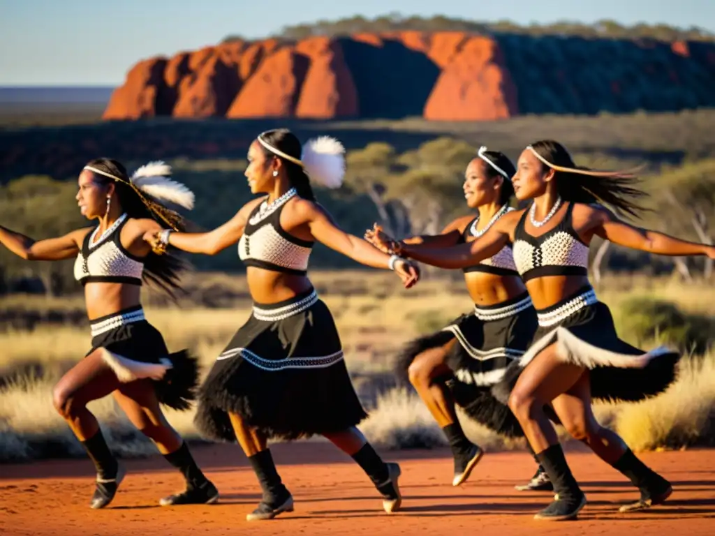 Un grupo de bailarines aborígenes ejecuta una danza tradicional en el Outback australiano, evocando la riqueza cultural de Oceanía