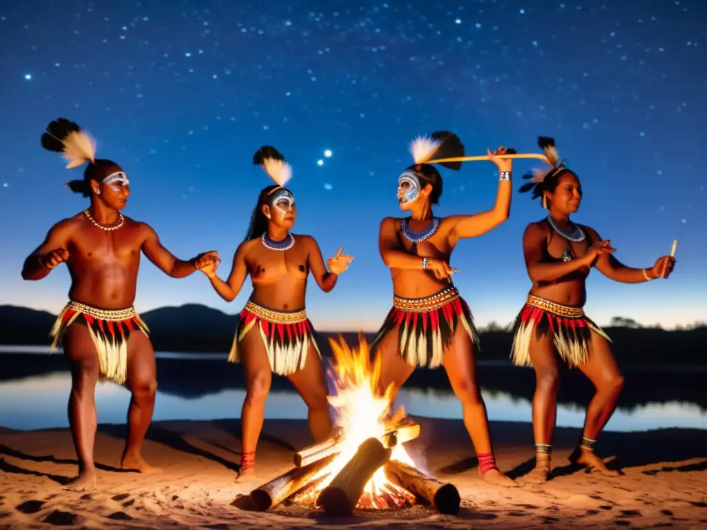 Grupo de bailarines aborígenes realiza danza tradicional alrededor de una fogata bajo el cielo estrellado, expresando el significado cultural de danzas aborígenes australianas