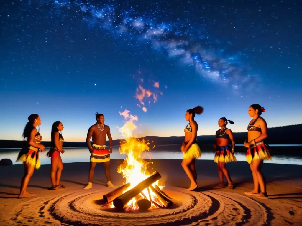 Grupo de bailarines aborígenes realizando danzas tradicionales alrededor de una hoguera bajo el cielo estrellado, mostrando la importancia de la danza aborigen australiana y la conexión cultural