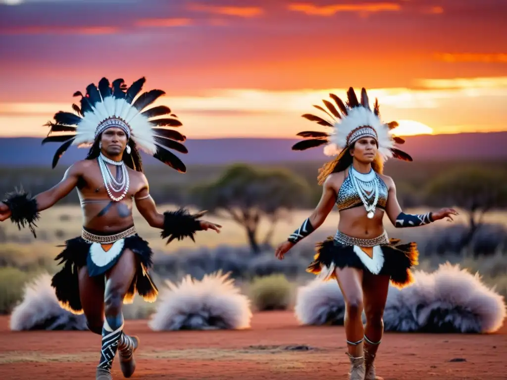 Grupo de bailarines aborígenes con pintura corporal tradicional y tocados de plumas, danzando al atardecer en el outback australiano