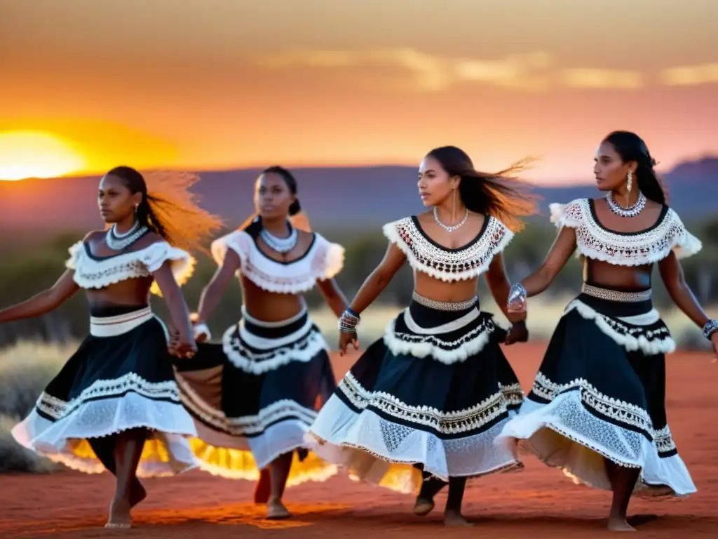 Grupo de bailarines aborígenes en trajes tradicionales y enérgica danza, bajo un atardecer vibrante en el outback australiano