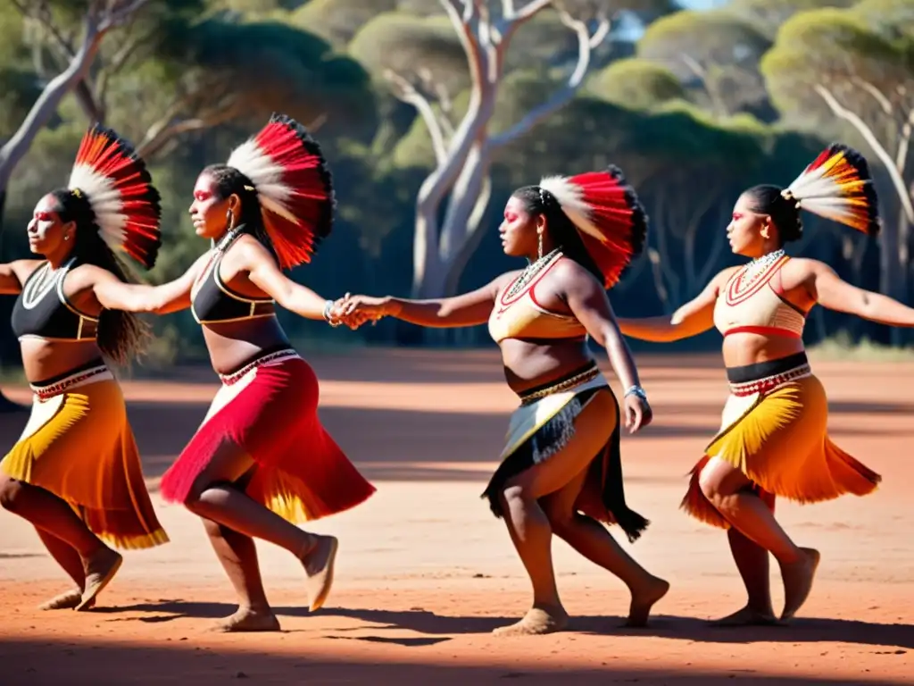 Grupo de bailarines aborígenes con trajes tradicionales y pintura corporal, realizando danzas ceremoniales