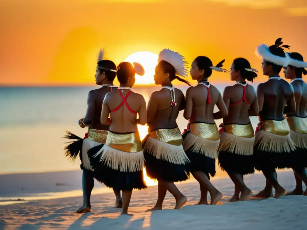 Grupo de bailarines de Kiribati con accesorios tradicionales, danza al atardecer en la playa