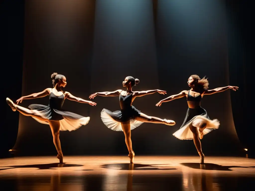 Grupo de bailarines en una actuación intensa en un escenario, con una iluminación dramática