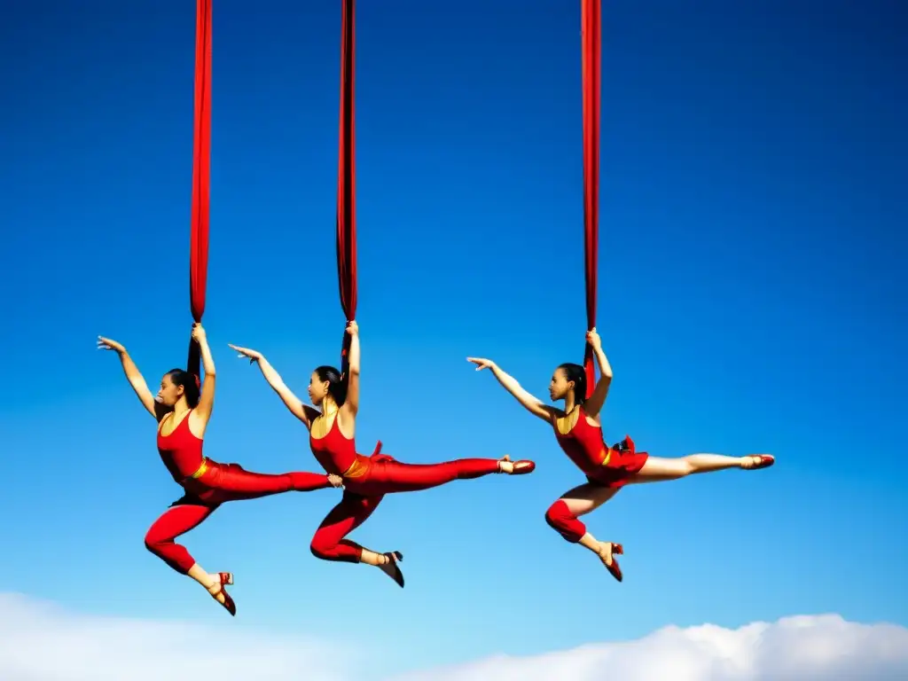 Grupo de bailarines aéreos asiáticos realiza técnicas combinadas de danza aérea, exhibiendo fuerza, flexibilidad y expresión artística en el cielo azul