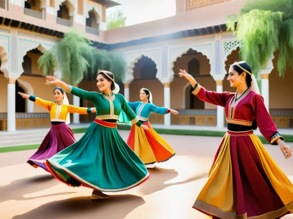 Grupo de bailarines afganos entrenando con gracia y pasión en un patio soleado, vistiendo trajes vibrantes