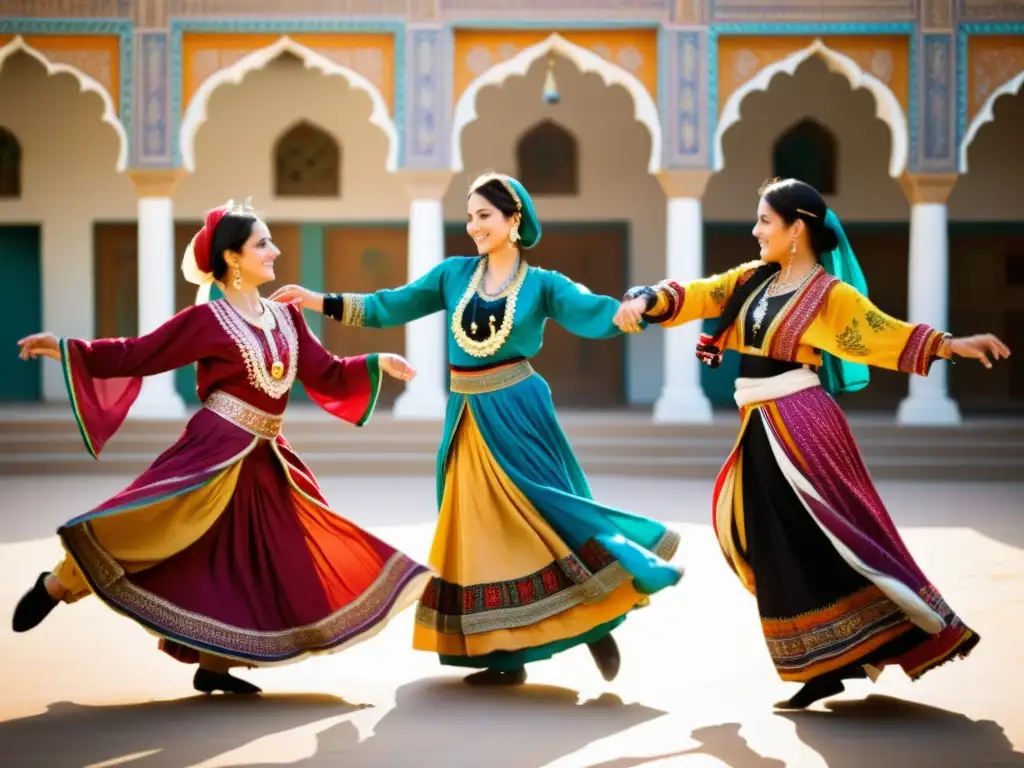 Grupo de bailarines afganos en trajes coloridos, realizando movimientos expresivos en un patio soleado