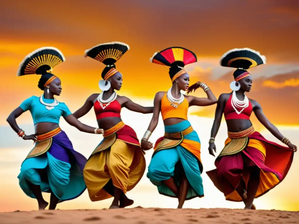 Grupo de bailarines africanos danzando al atardecer, expresando pasión y cultura con técnicas y coreografías de danza africana