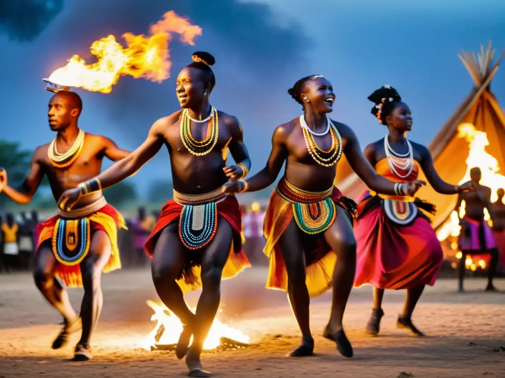 Un grupo de bailarines africanos, ataviados con trajes tradicionales, danzan alrededor de un fuego en una aldea rural