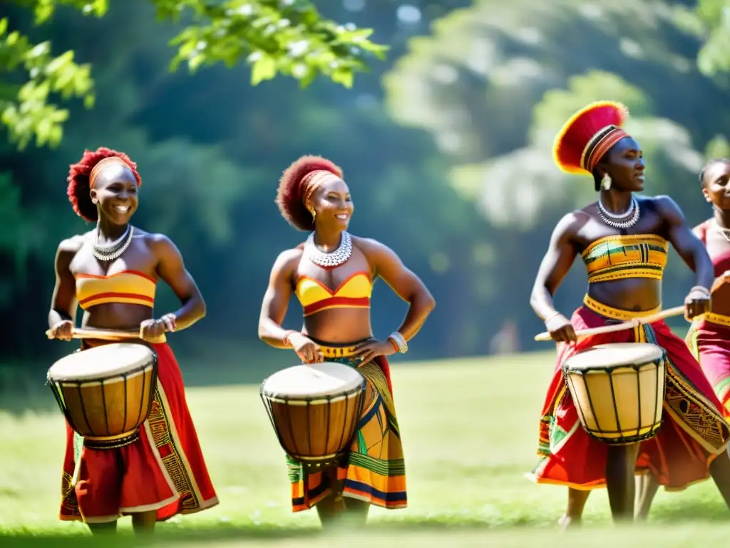 Grupo de bailarines africanos, ataviados con trajes tradicionales, danzando al ritmo de tambores en un claro soleado rodeado de exuberante vegetación