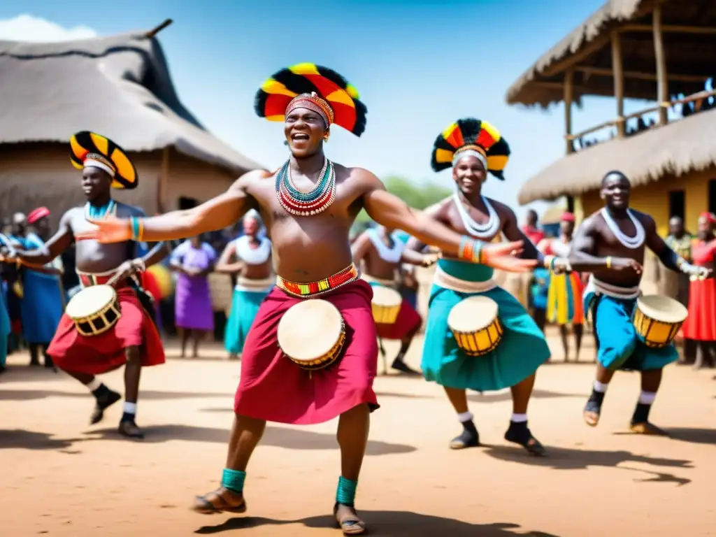 Un grupo de bailarines africanos en atuendo tradicional ejecutando una danza vibrante y enérgica en una plaza del pueblo, rodeados de espectadores que aplauden y animan