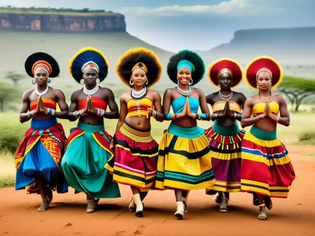 Un grupo de bailarines africanos en atuendos tradicionales, expresando el significado cultural de danzas africanas con movimientos y colores vibrantes