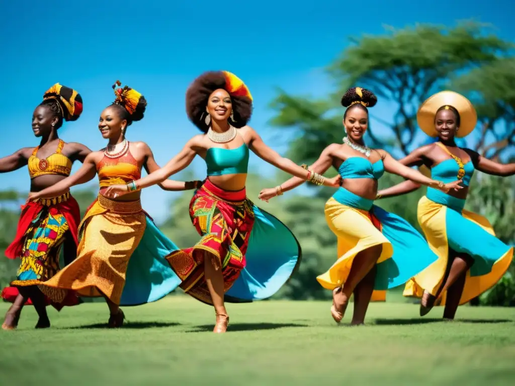 Grupo de bailarines africanos en atuendos tradicionales realizando una rutina de baile enérgica al aire libre