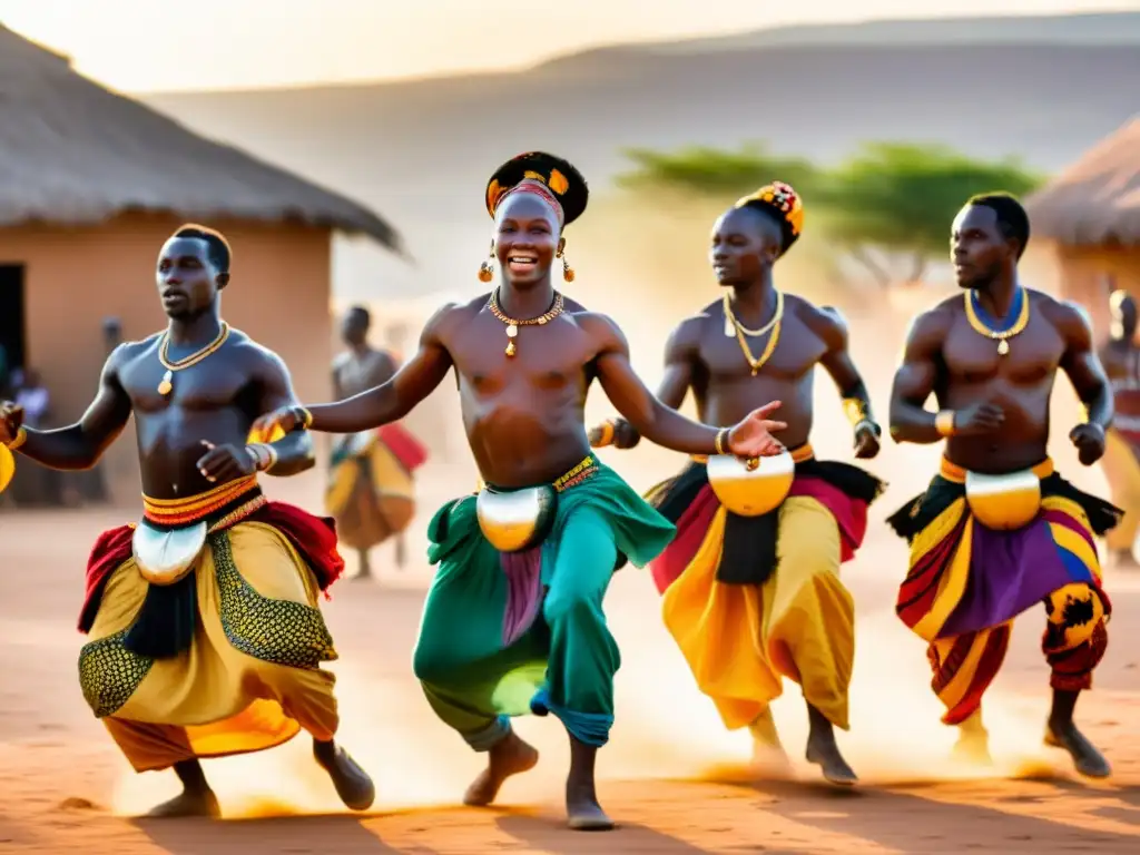 Un grupo de bailarines africanos en atuendos tradicionales realizando una danza vibrante y llena de significado cultural en una plaza polvorienta al atardecer