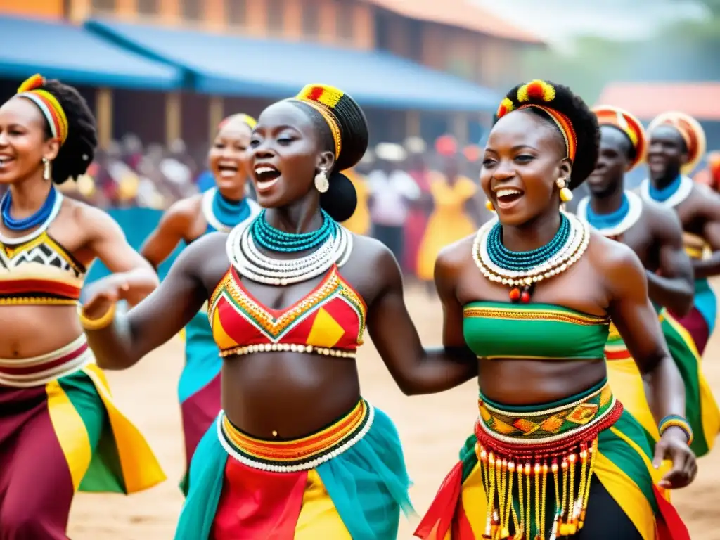 Grupo de bailarines africanos con atuendos tradicionales, movimientos dinámicos y expresiones faciales