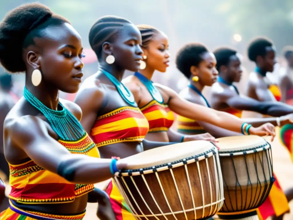 Grupo de bailarines africanos aprendiendo baile con djembé, envueltos en una celebración cultural llena de energía y pasión