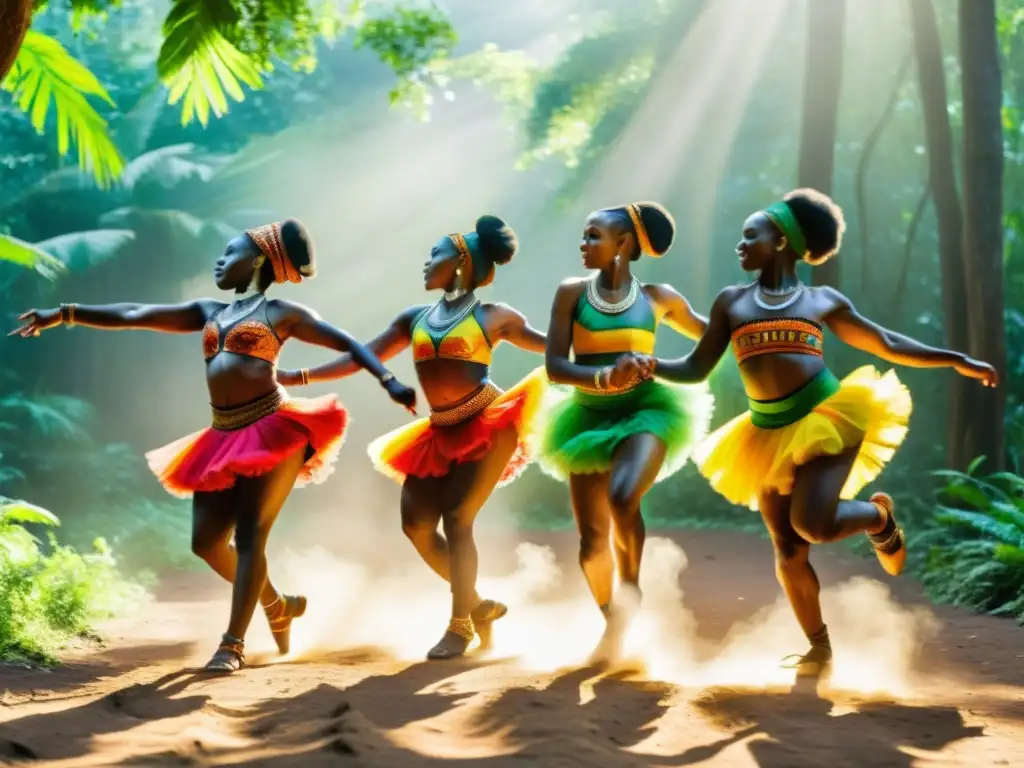 Grupo de bailarines africanos danzando en el bosque, expresando el significado cultural de la danza africana con gracia y poder