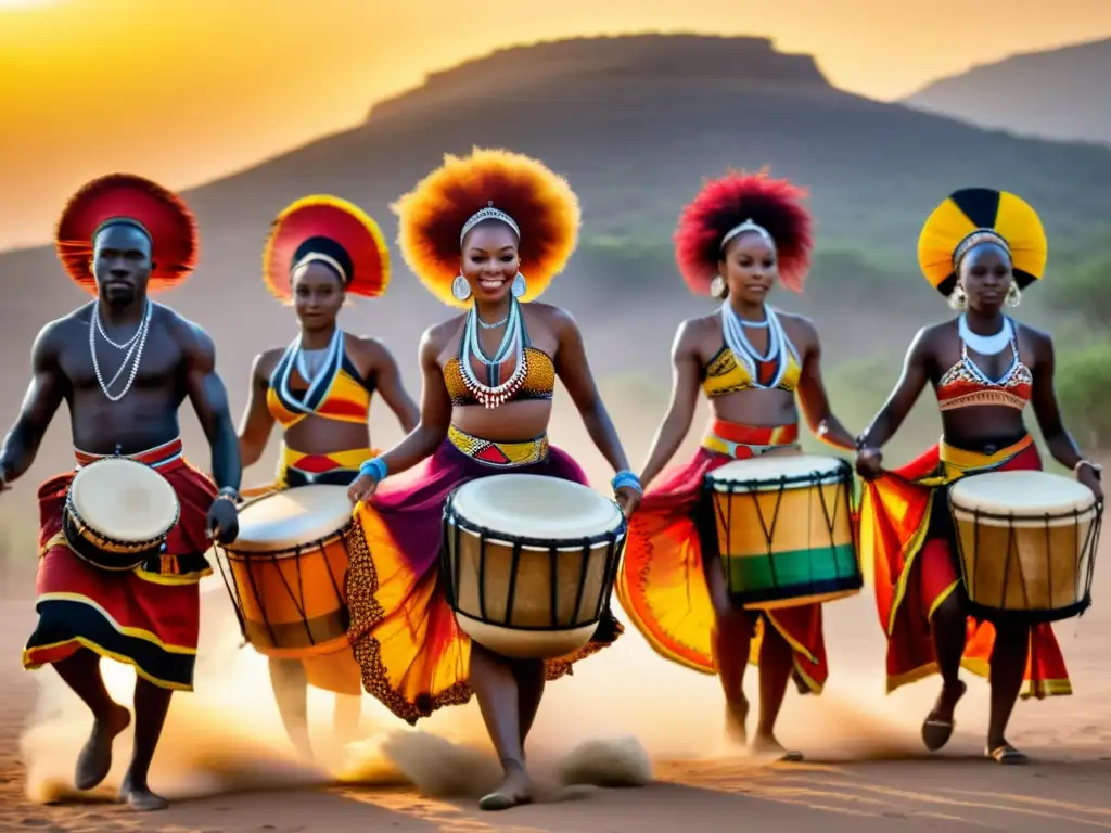 Grupo de bailarines africanos en ceremonia ancestral, expresando significado a través de la danza sincronizada y vibrante