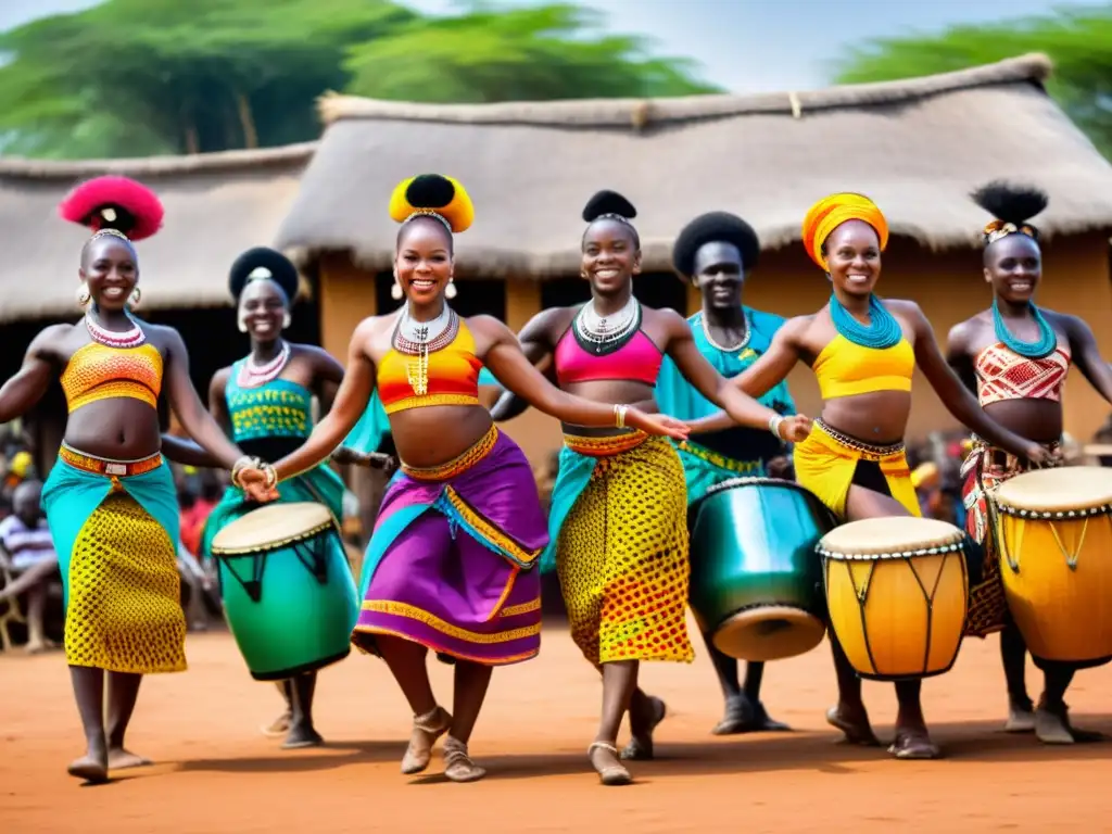 Grupo de bailarines africanos en coloridos atuendos tradicionales, danzas llenas de energía y significado cultural