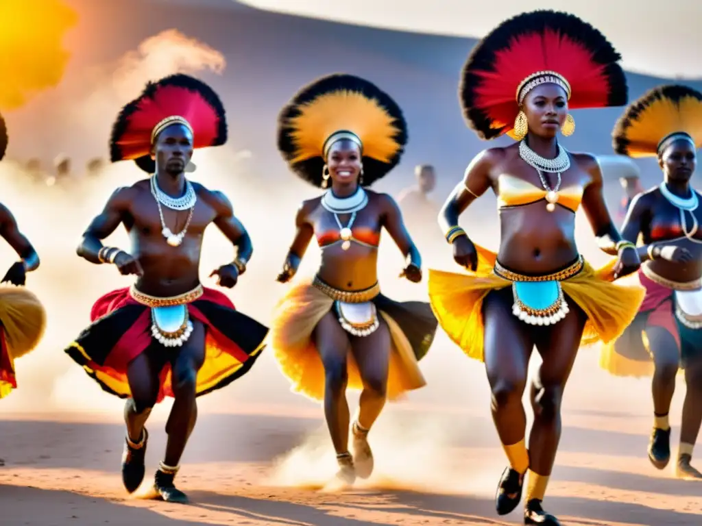 Grupo de bailarines africanos en coloridos trajes tradicionales, ejecutando una danza ceremonial bajo el sol, con la sabana de fondo