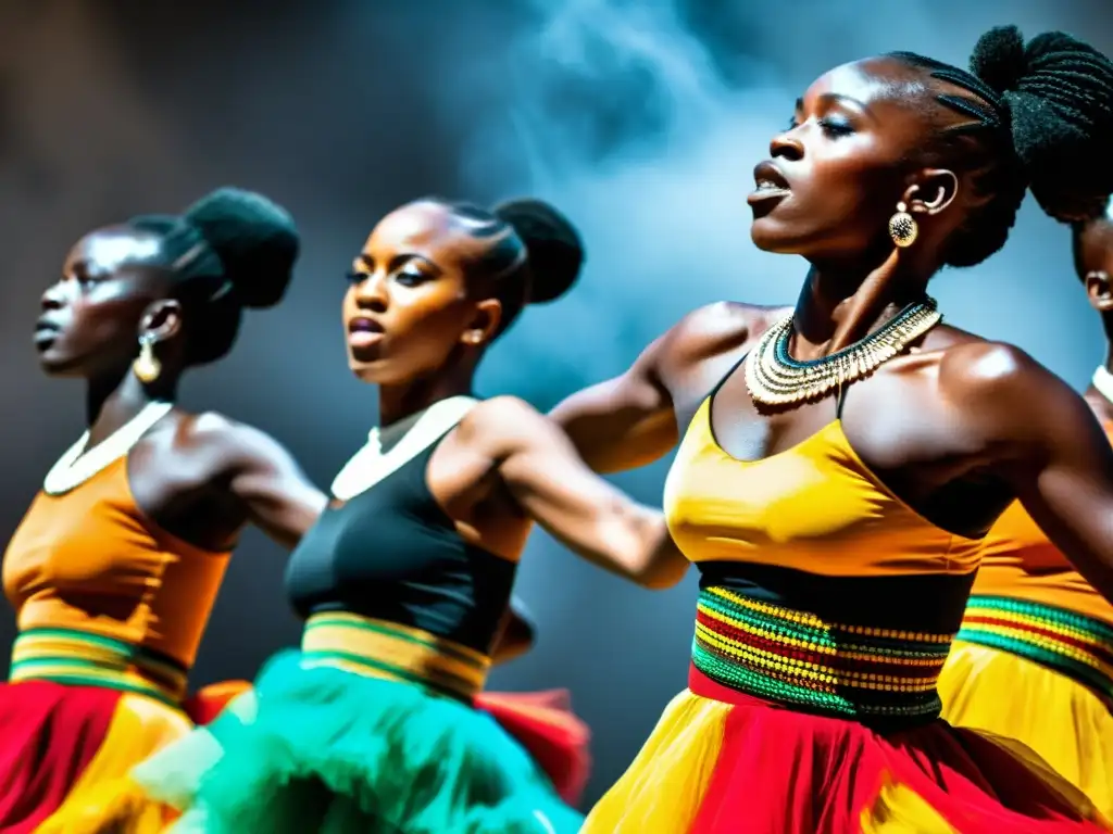 Un grupo de bailarines africanos en competencia, con atuendos coloridos y expresiones llenas de pasión