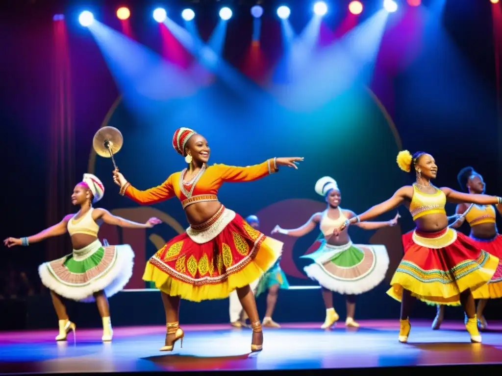 Grupo de bailarines africanos en competiciones internacionales de danza, deslumbrando con su energía y colorida vestimenta en el escenario