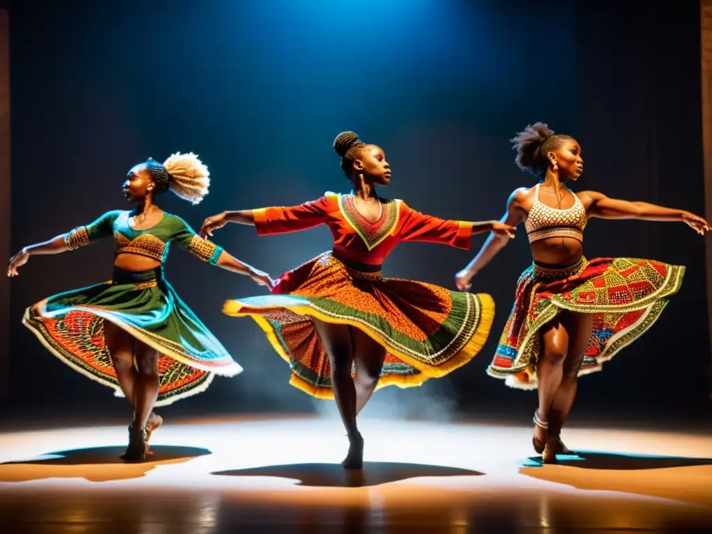 Grupo de bailarines africanos contemporáneos ejecutando ejercicios para perfeccionar danza contemporánea africana en un espacio atmosférico, con vestimenta tradicional vibrante y patrones intrincados