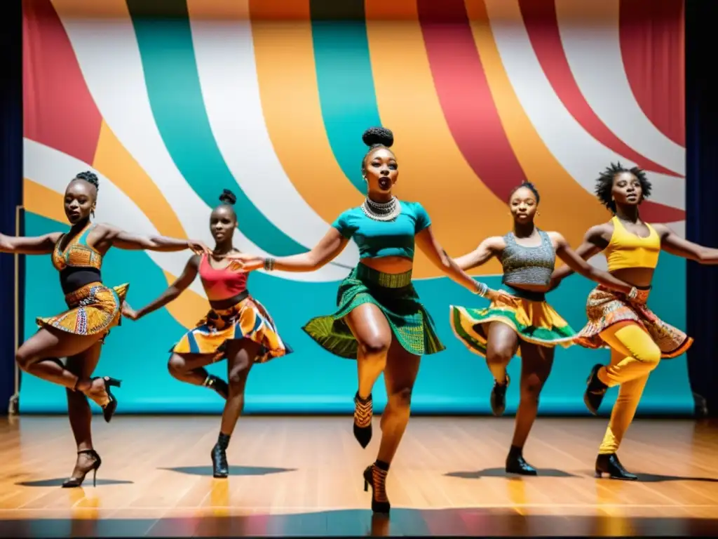 Grupo de bailarines africanos contemporáneos fusionando movimientos tradicionales con coreografía moderna en un vibrante escenario