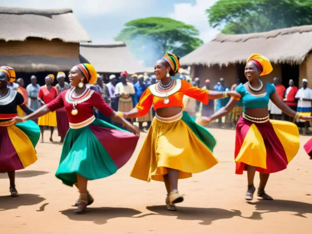 Grupo de bailarines africanos celebra cosecha con danzas tradicionales y coloridos atuendos en plaza soleada