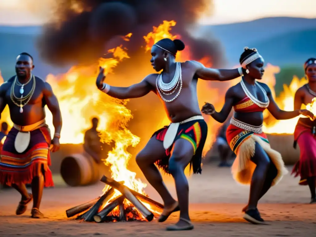 Grupo de bailarines africanos realizando danza tradicional alrededor de una fogata, en un entorno natural exuberante, transmitiendo el papel de la danza africana en la sanación y la espiritualidad