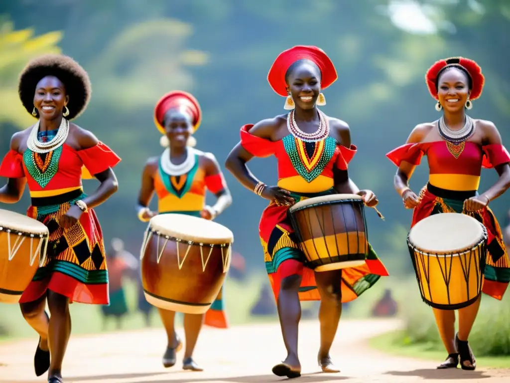 Un grupo de bailarines africanos danza con gracia en un claro soleado, vistiendo atuendos tradicionales