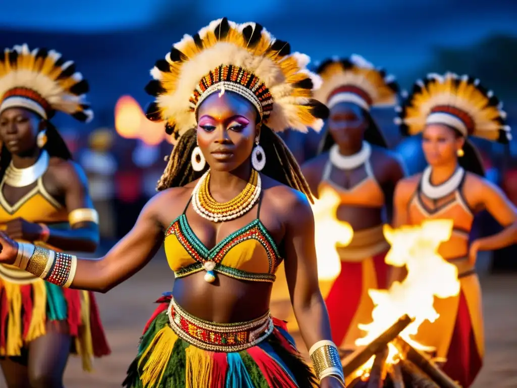 Un grupo de bailarines africanos realiza una danza ceremonial alrededor de una fogata, capturando la esencia de las ceremonias ancestrales africanas