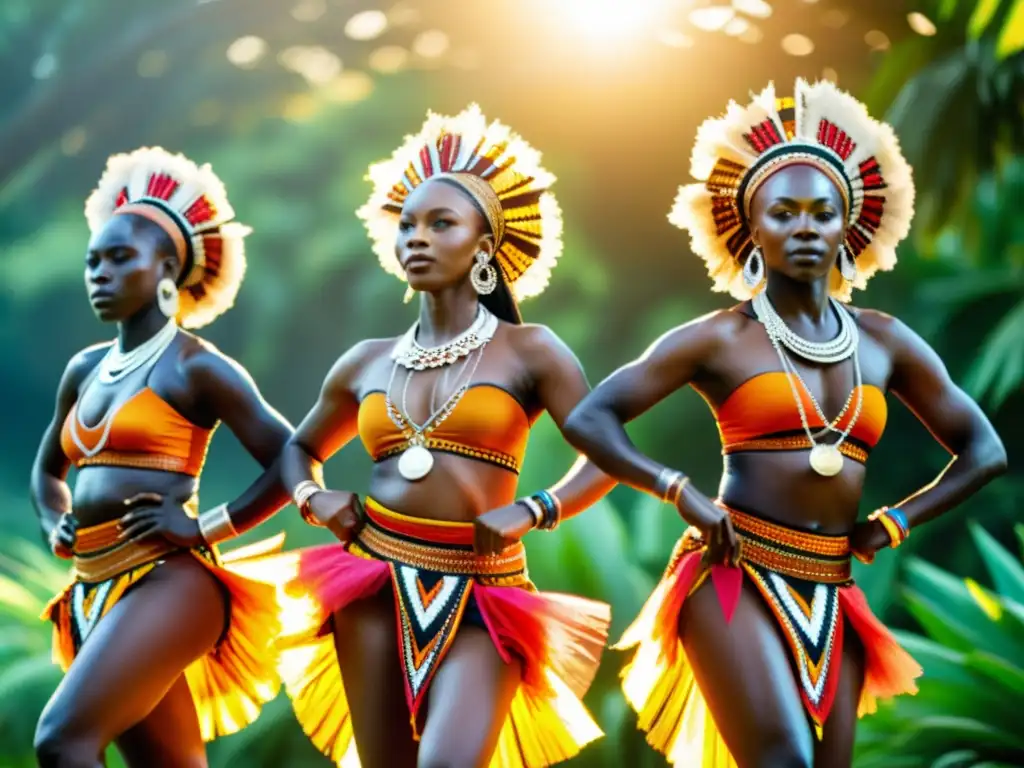 Grupo de bailarines africanos realizando una danza tribal en un paisaje exuberante